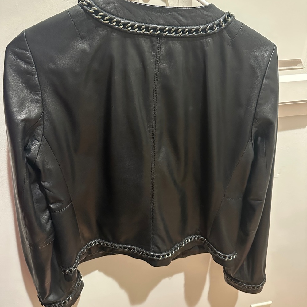 Tory Burch Black Leather Jacket with Chain Trim - Picture 2 of 4